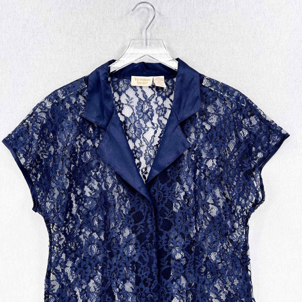 VICTORIAS SECRET Lace Button Up Top Medium Blue Vintage Gold Label Short Sleeve - Picture 5 of 14